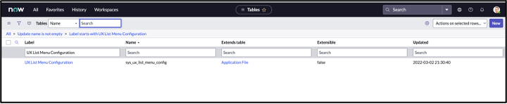 Table list view showing search results for UX list menu configuration.
