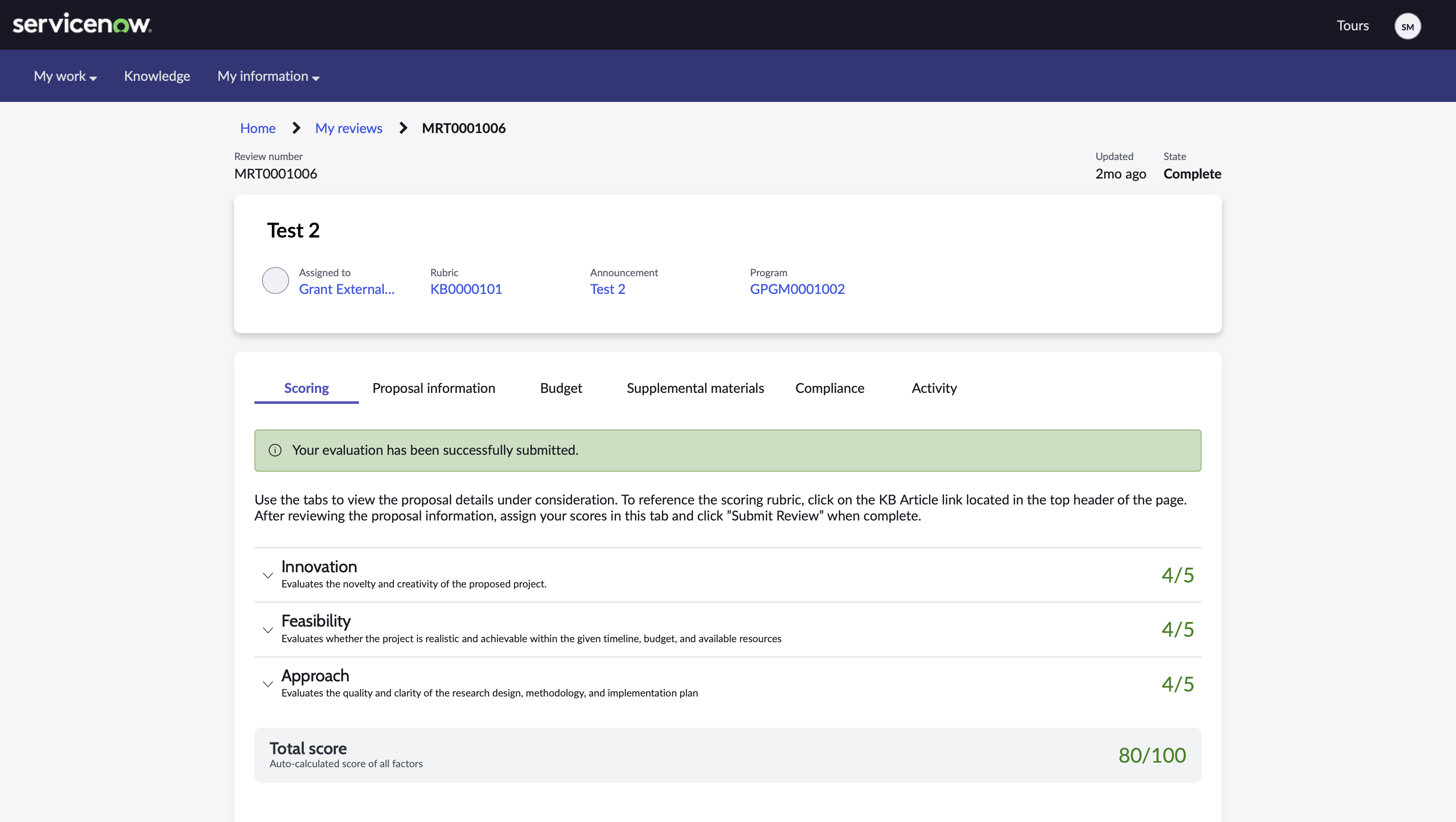 reviewer portal grant program review task record view