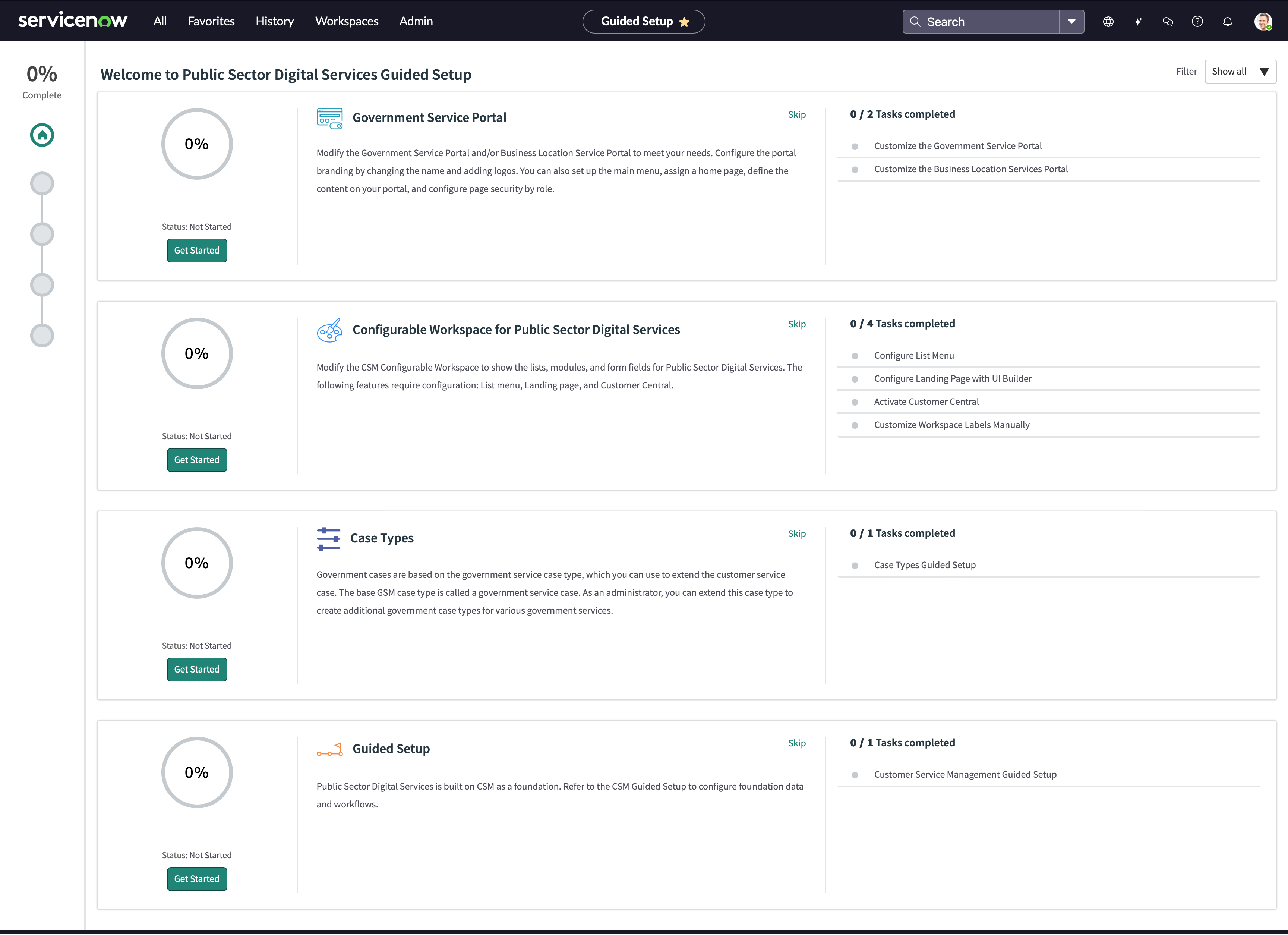 Guided Setup page view with modules and task completion to set up Public Sector Digital Services.