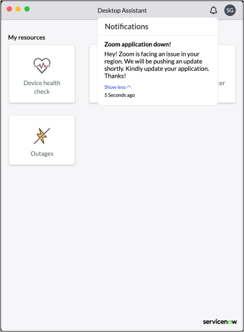 Desktop Assistant notifications list
