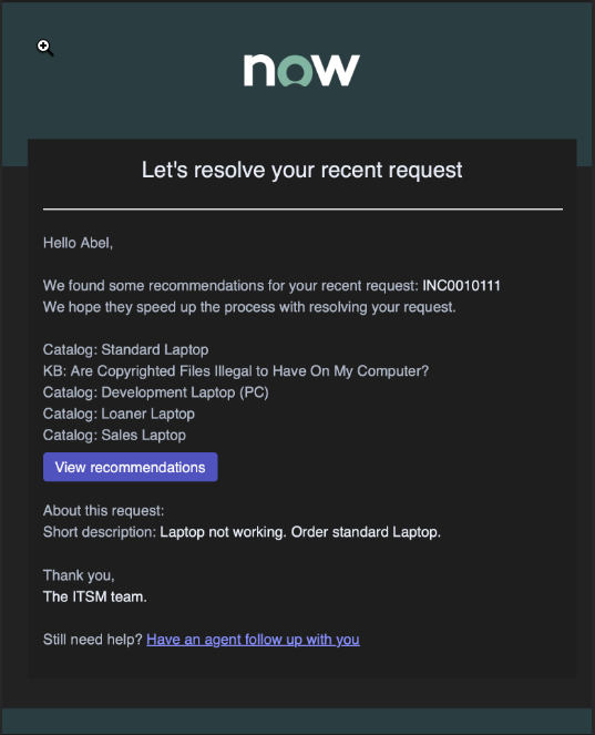 IAR triggered email notification with KB and Catalog recommendations.