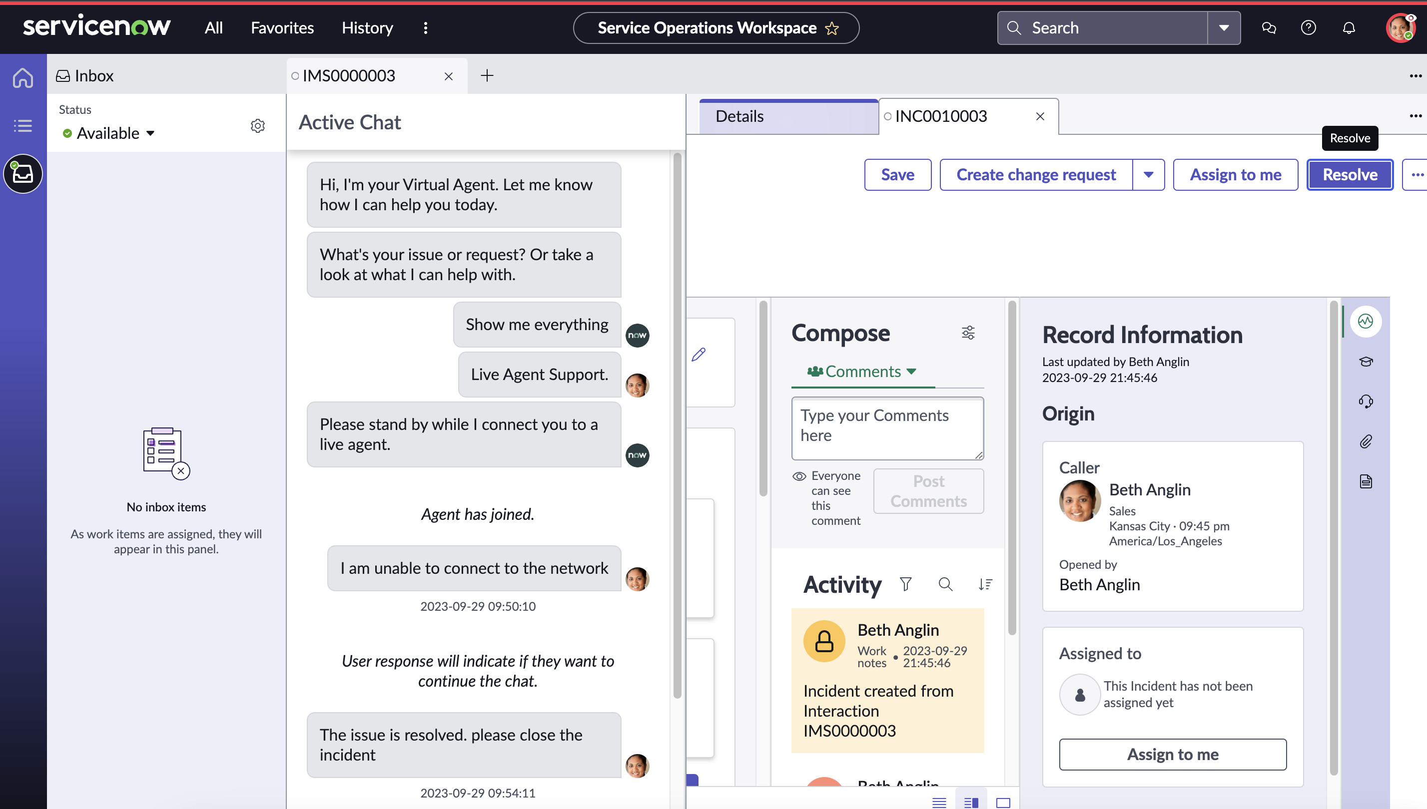 Incident created by Live Agent chat in SOW.