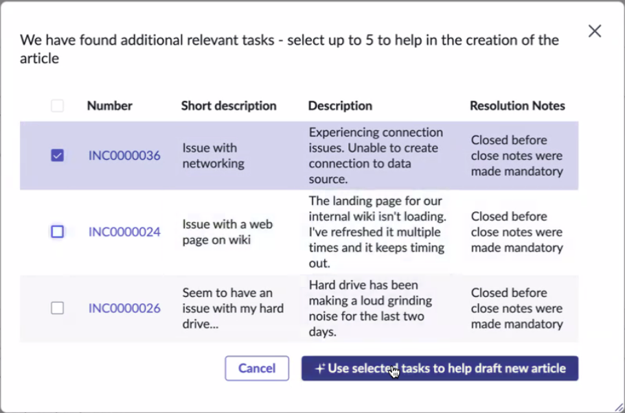 Now Assist in ITSM knowledge article related incidents modal.