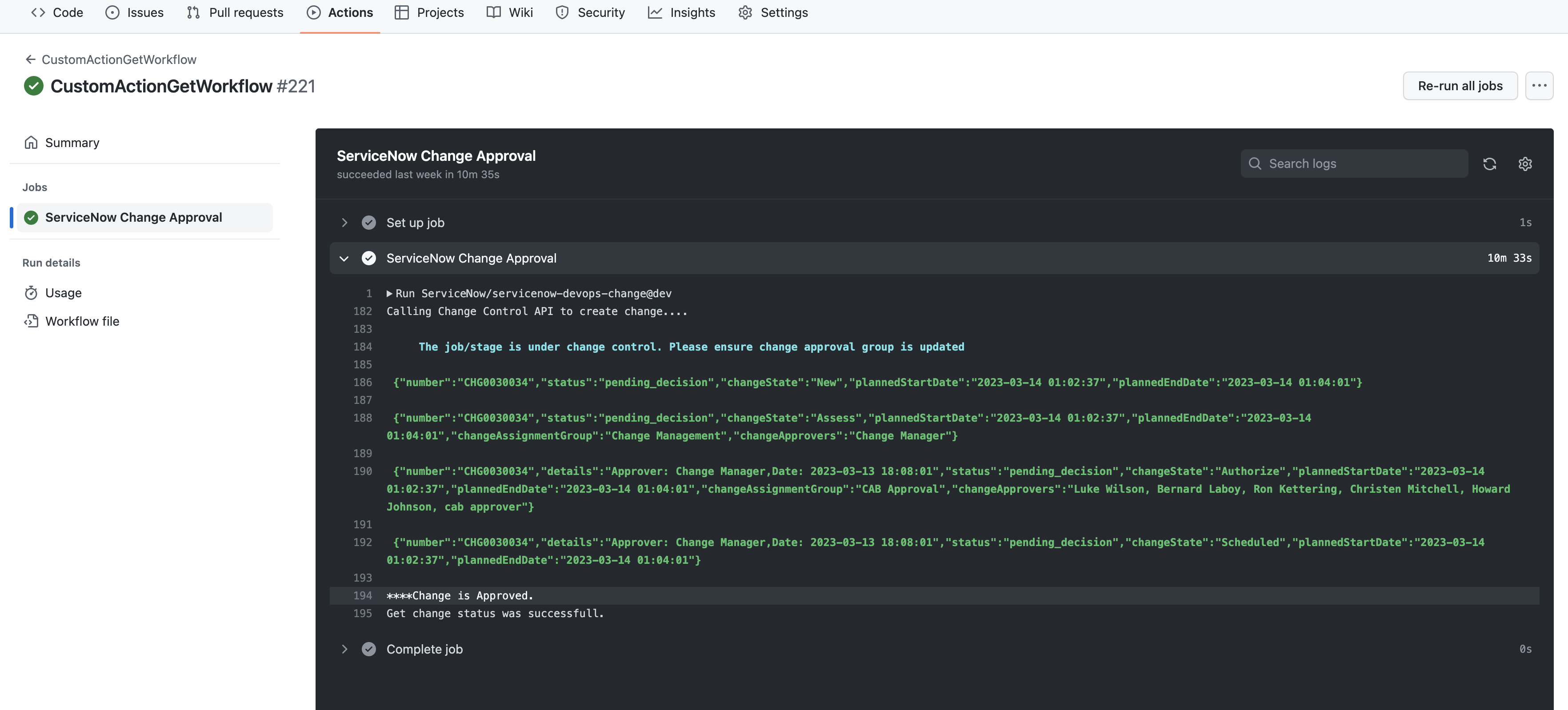 GitHub Actions console - change approved