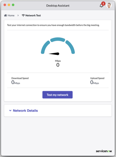 The Network test page that gives the details of your network speed.