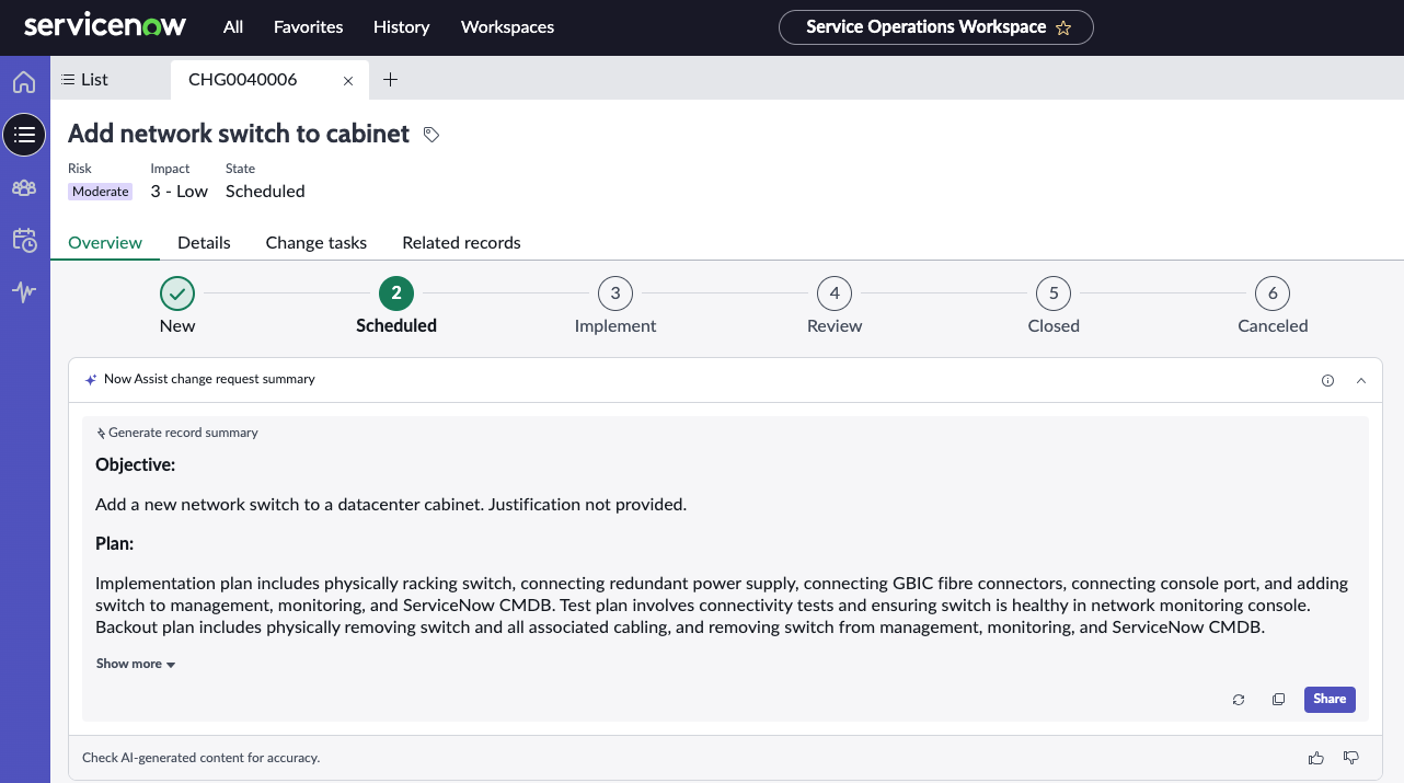 Change summary in Service Operations Workspace