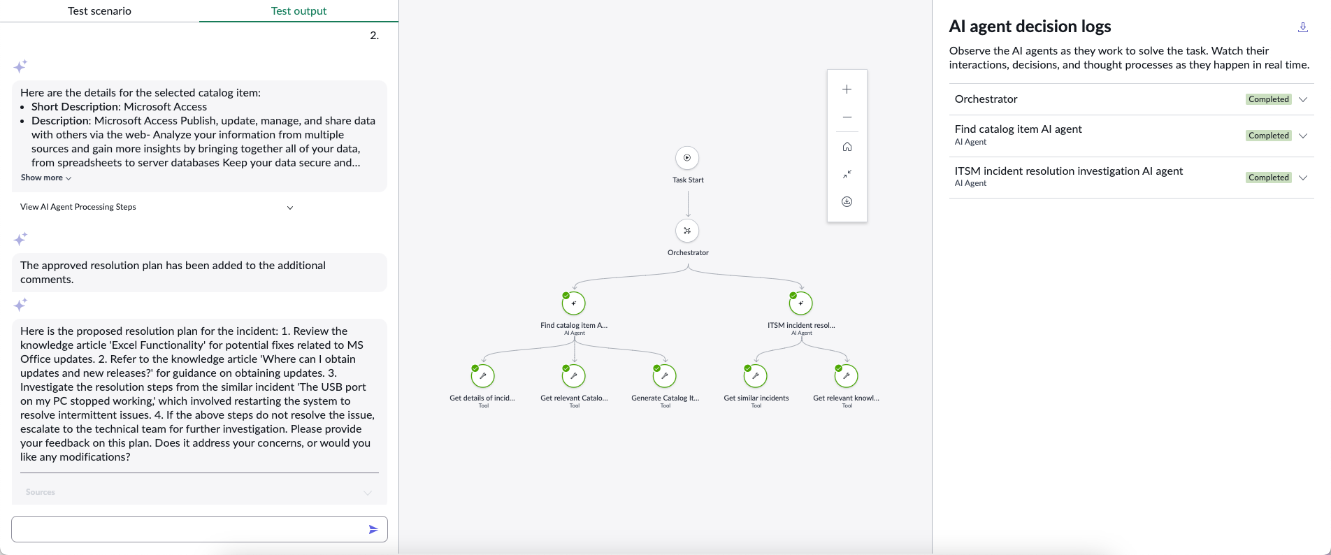 Investigate and resolve ITSM incidents agentic workflow output.