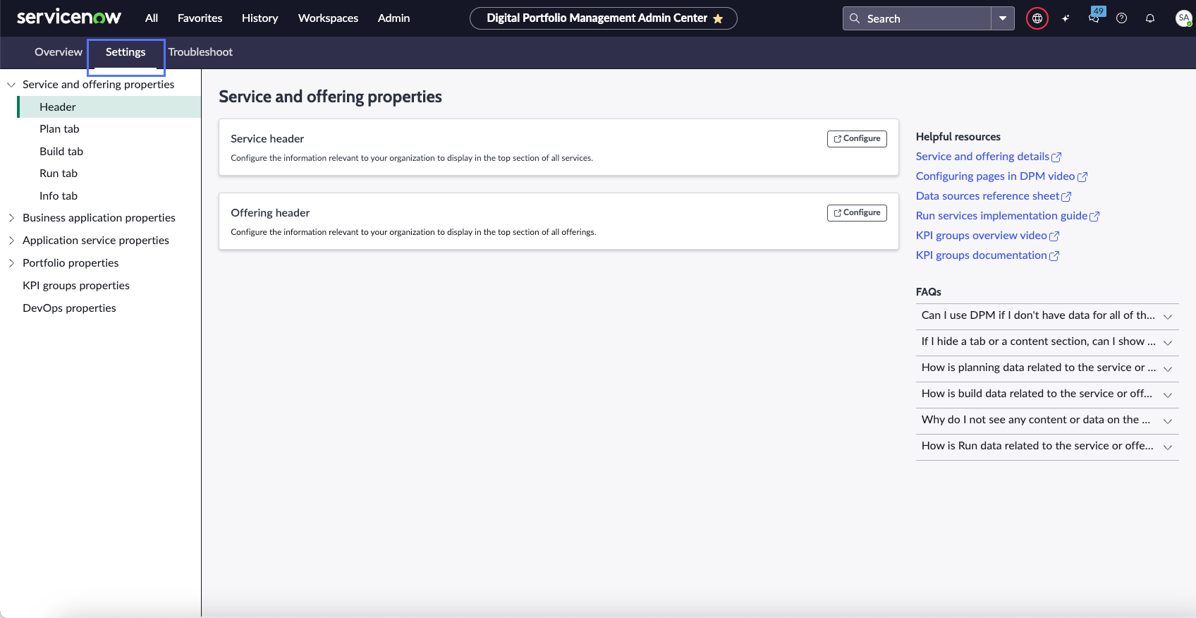 DPM Admin Center Settings tab