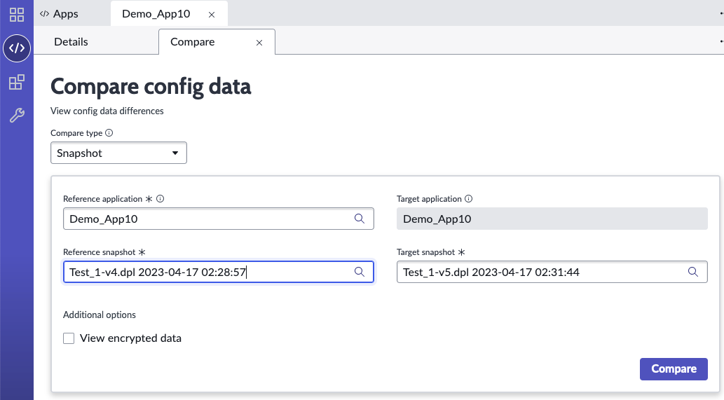 Compare config data tab for comparing application snapshots.