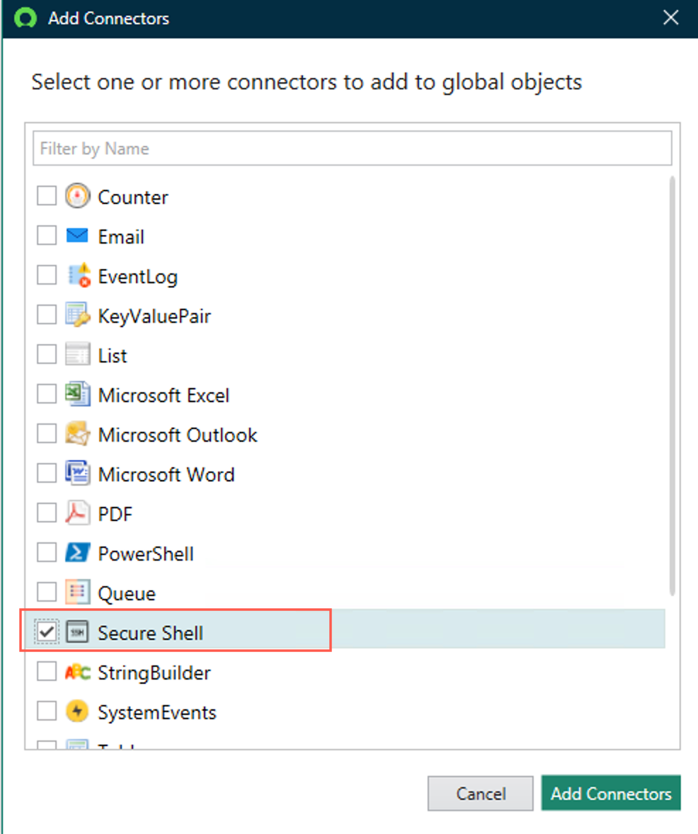 Fügen Sie den globalen Objekten den Secure Shell-Connector hinzu