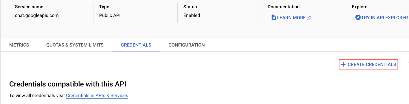 Erstellen Sie Anmeldeinformationen für die Google Chat-App in der Google Cloud-Konsole
