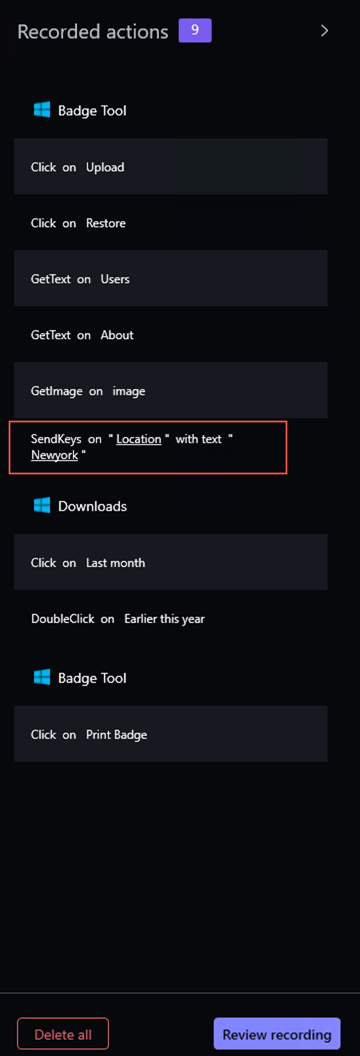 SendKeys-Aktion für Elementname „Standort“.