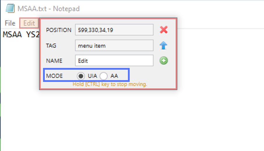 UIA- und AA-Modi werden angezeigt, wenn Sie ein Element in erfassen Windows Anwendungsbildschirm.