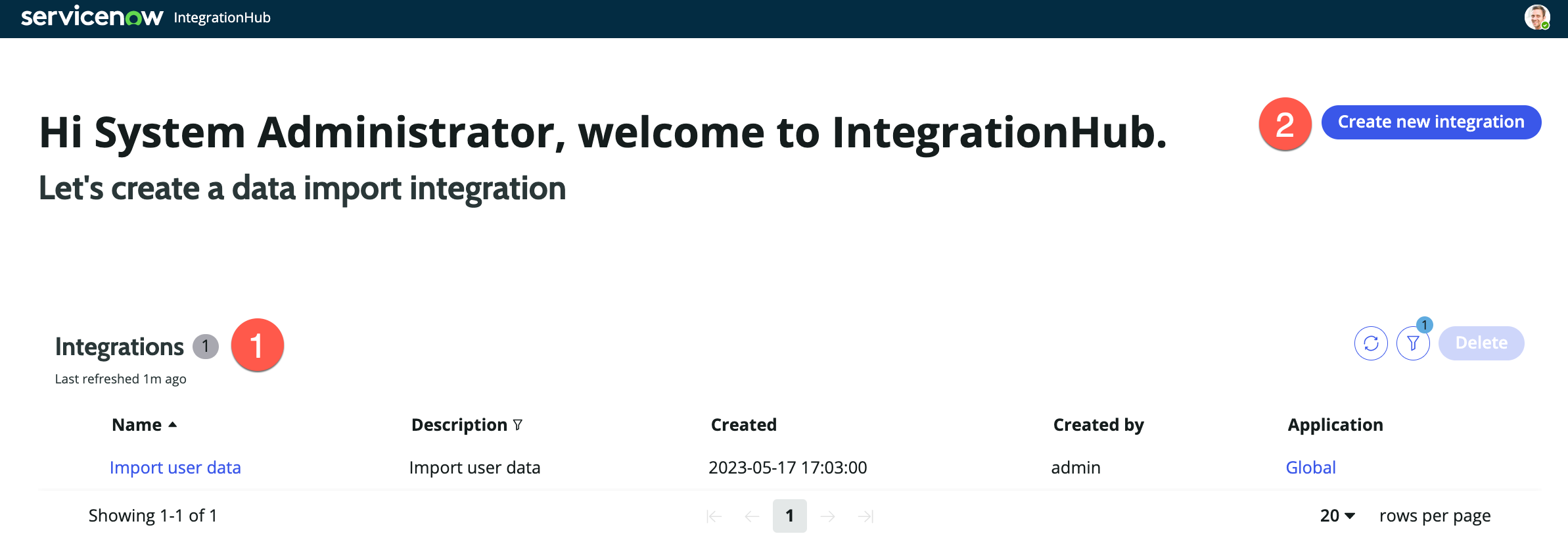 Anwenderoberfläche für die IntegrationHub-Importzielseite.