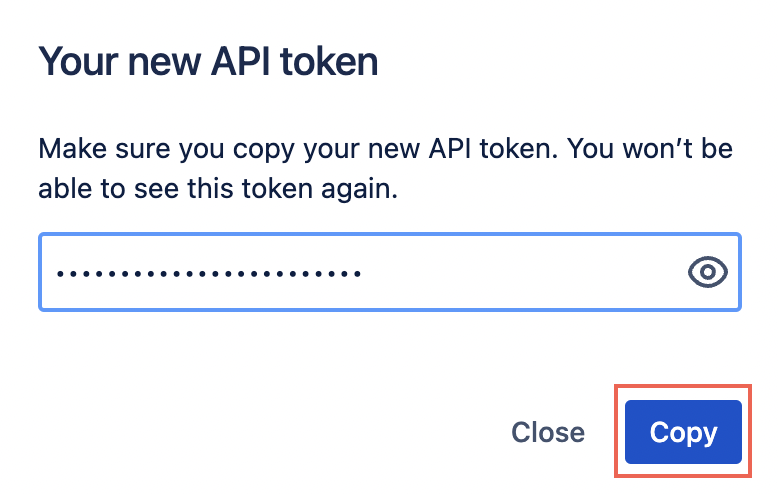 Bestätigungsmodal Ihres neuen API-Tokens mit hervorgehobener Schaltfläche „Kopieren“.