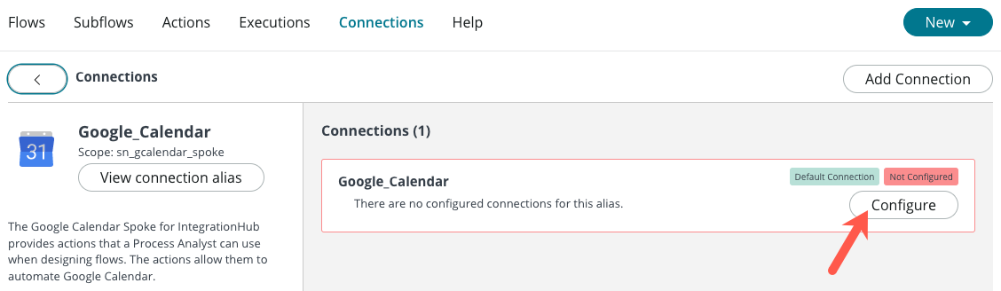 Schaltfläche zur Konfiguration von Google Kalender-Verbindungs- und Anmeldeinformationsdatensätzen.