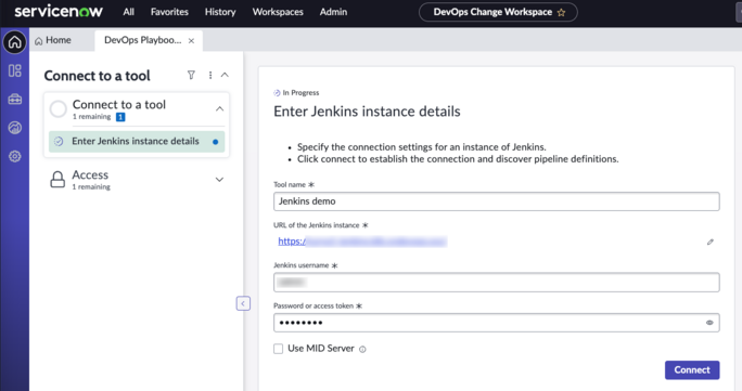 Se connecter à l’outil Jenkins : écran Saisir les détails de l’instance