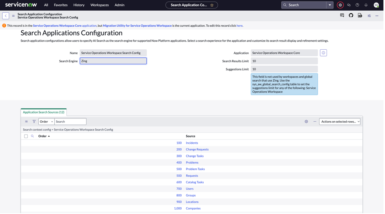 Sources de recherche d'applications sur la table Configuration de recherche de l'espace de travail pour l'exploitation des services