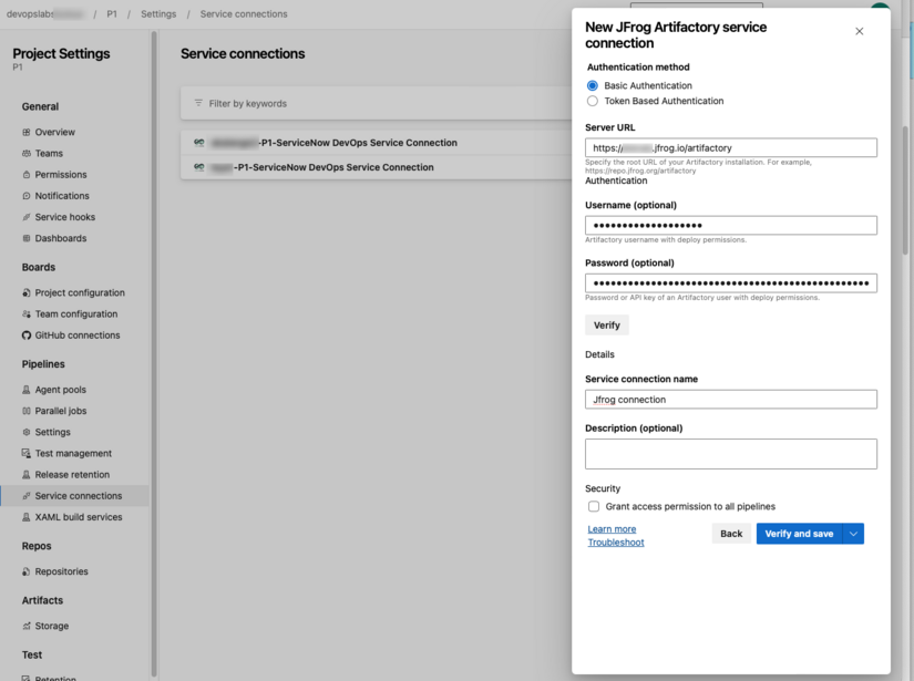 Nouvelle connexion au service d’artefact JFrog.