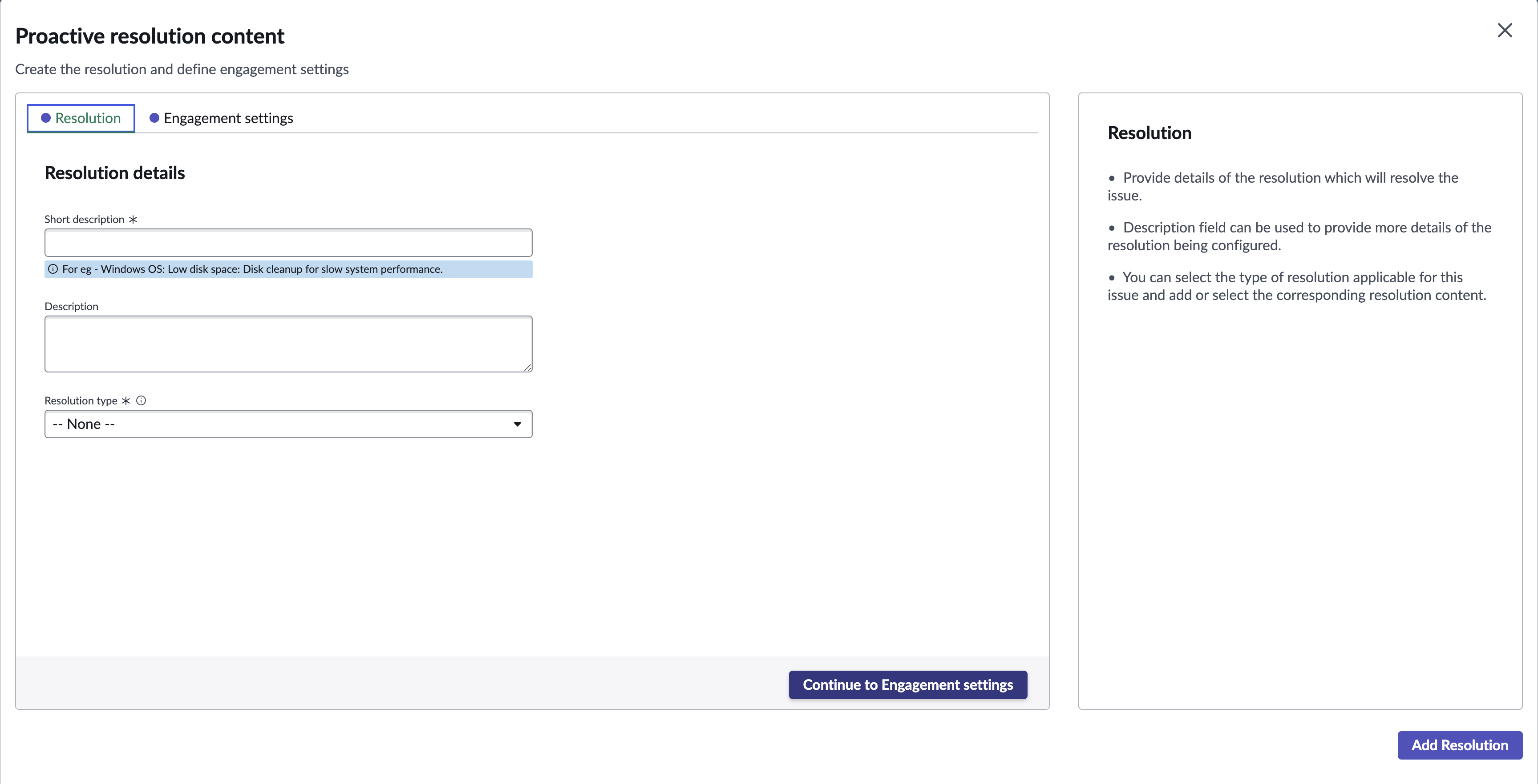 Fenêtre de contenu de résolution proactive permettant d'ajouter les détails de la résolution.