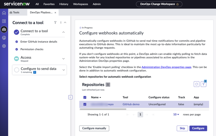Sélectionnez les référentiels à configurer à partir de GitHub.