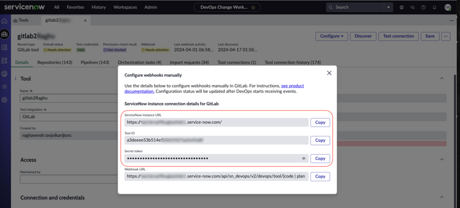Détails de connexion pour GitLab