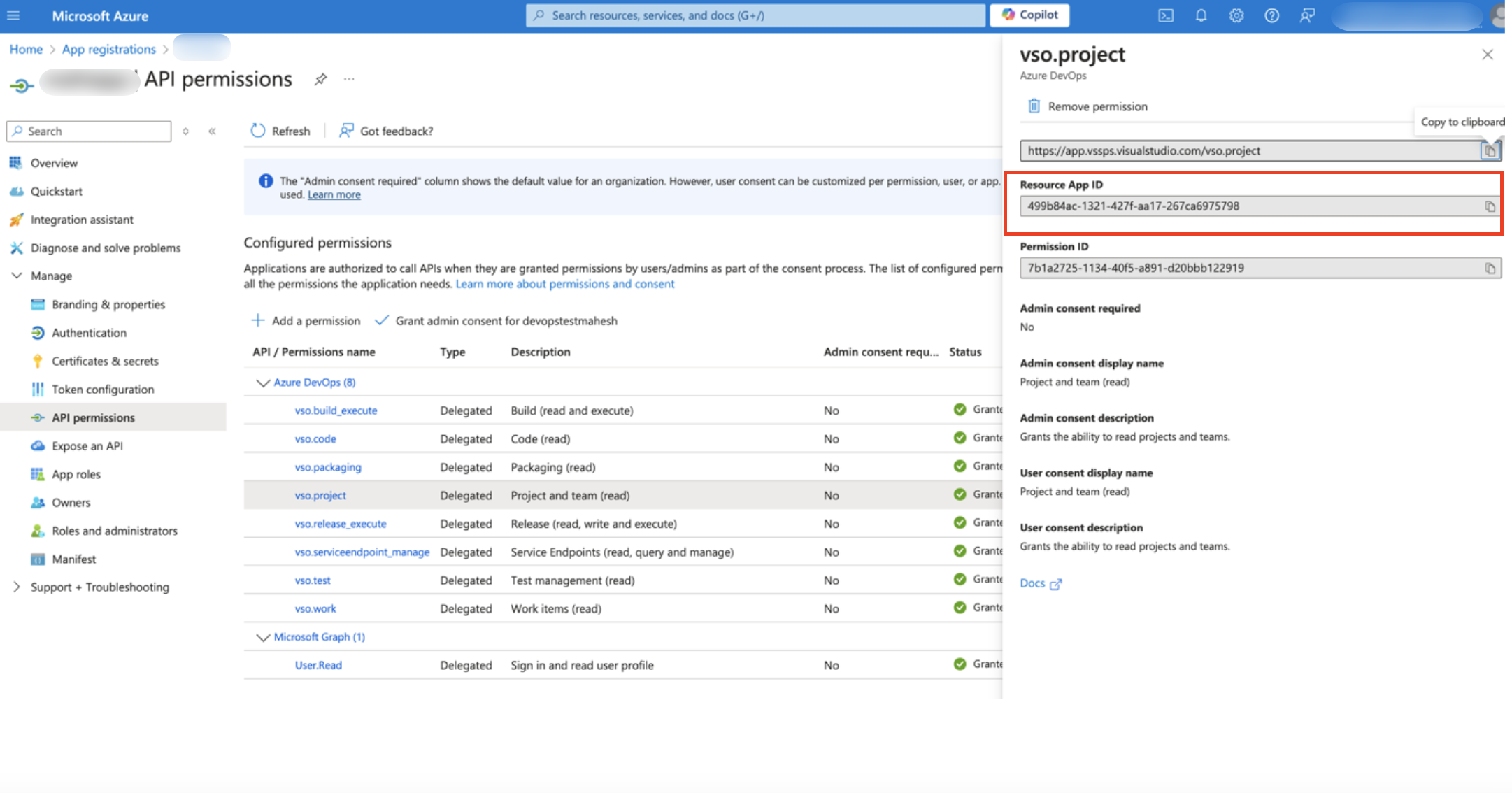 ID d’application de ressource dans l’écran des autorisations d’API