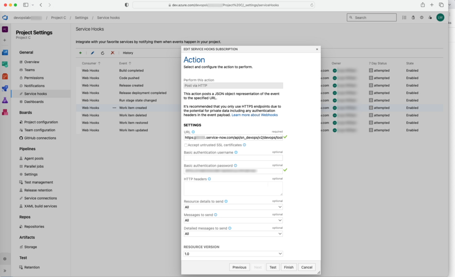 Détails du webhook configuré.