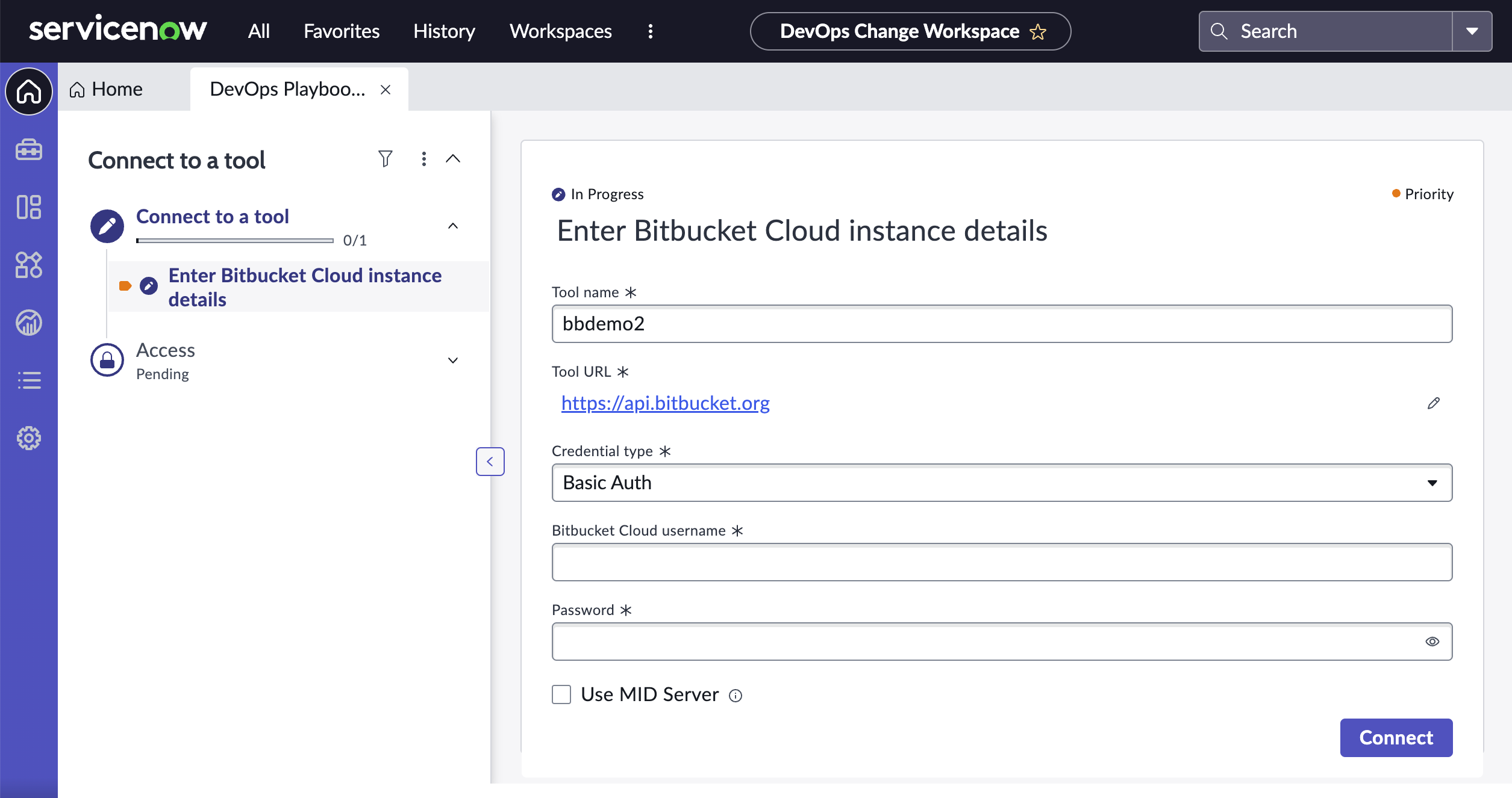 Saisir la page des détails de l’instance Bitbucket pour Bitbucket Cloud - Authentification de base