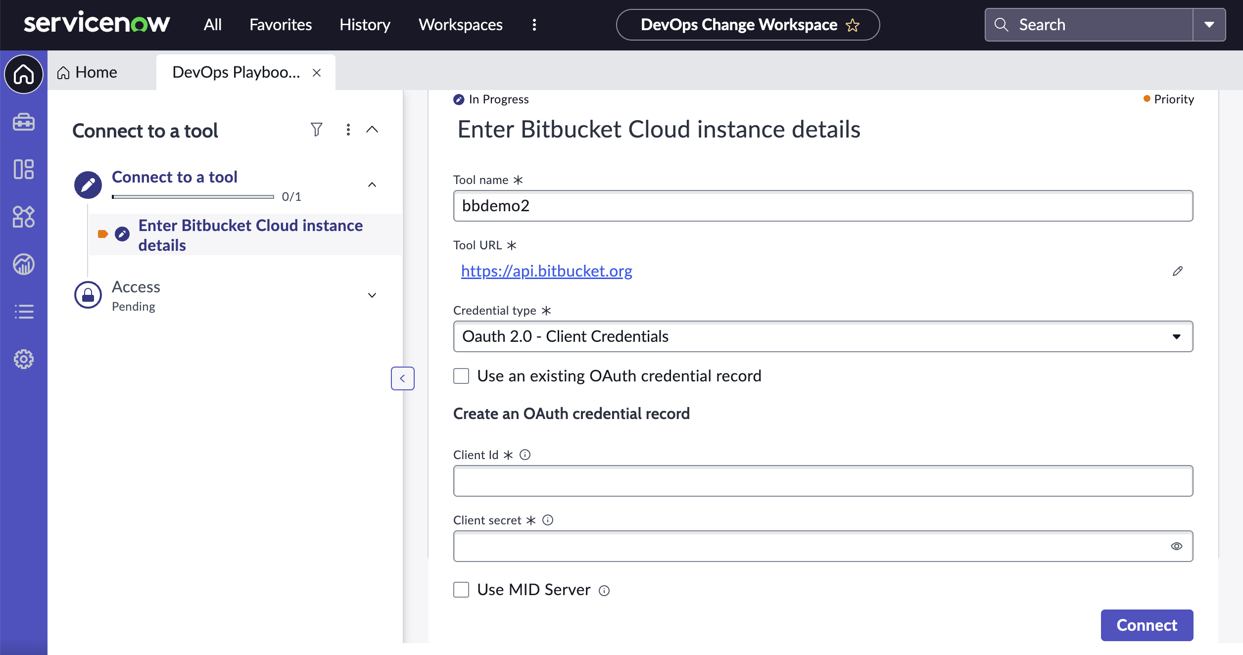 Saisir la page des détails de l’instance Bitbucket pour Bitbucket Cloud - OAuth 2.0 - Informations d’identification du client