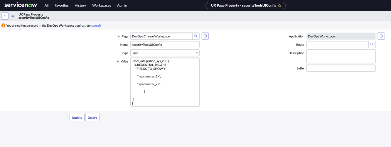 Entrée JSON dans la propriété de la page UX securityToolsUIConfig