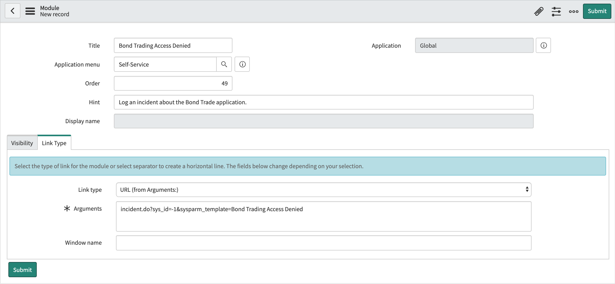 Module utilisant le modèle pour créer l'incident