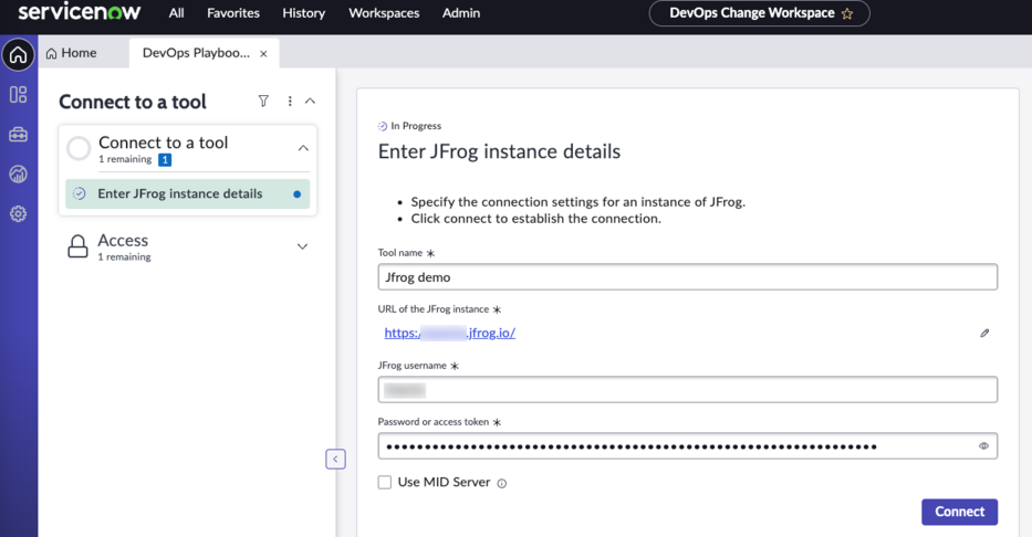 Se connecter à l’outil JFrog : écran Entrer les détails de l’instance