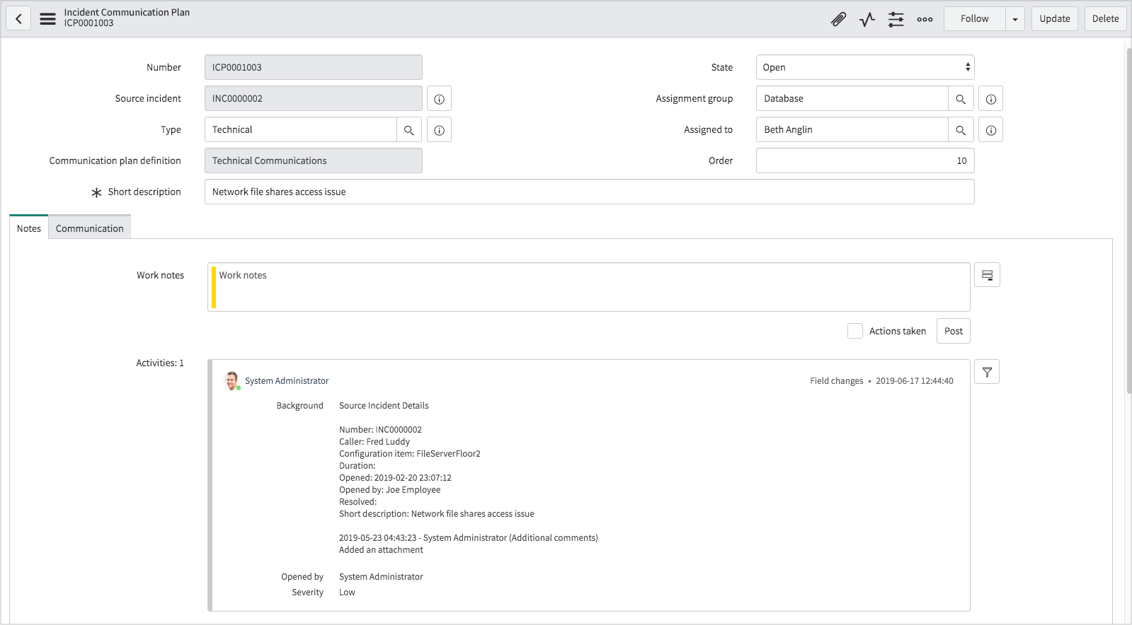 Formulaire Plan de communication des incidents