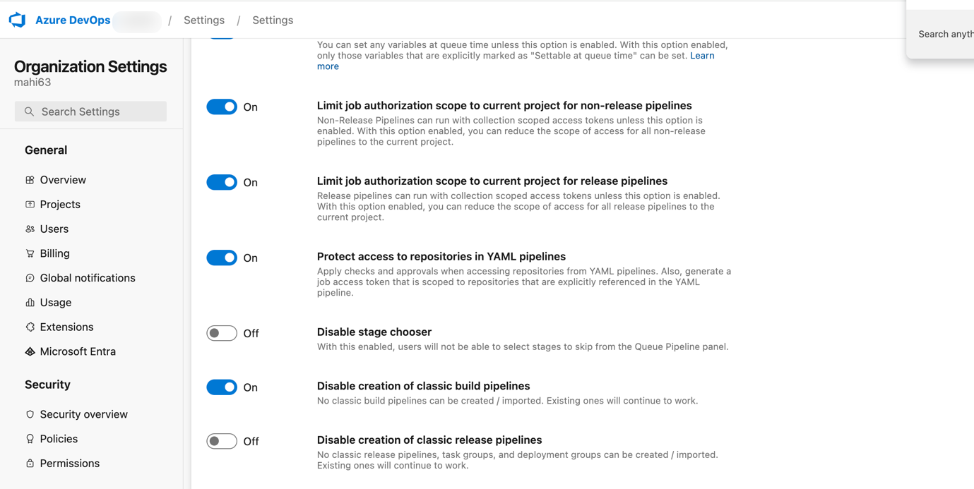 Paramètres de pipeline pour votre organisation