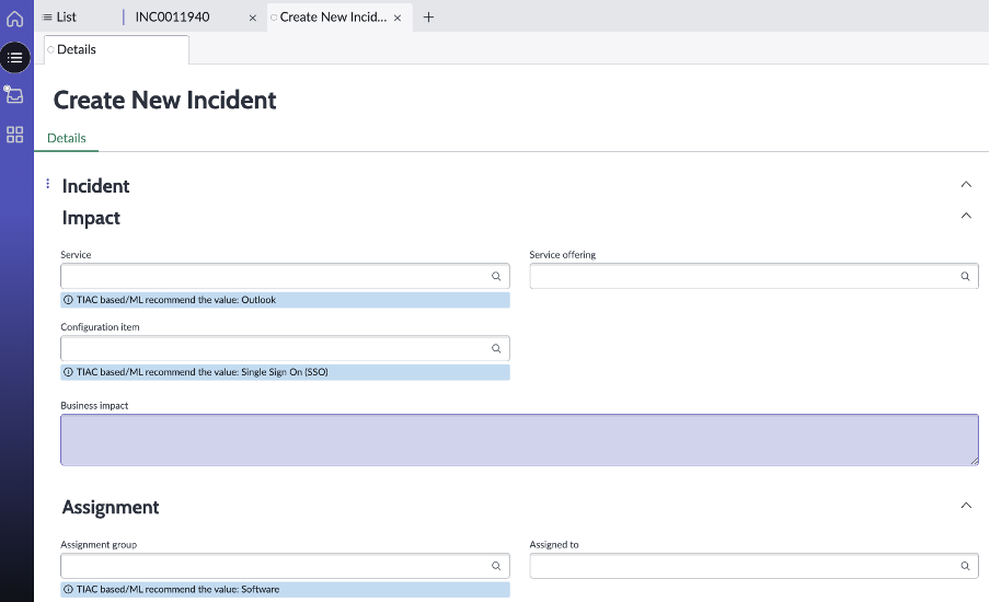 Interface utilisateur des recommandations de champ sur un formulaire de nouvel incident dans une version antérieure à la version&nbsp;4.2.