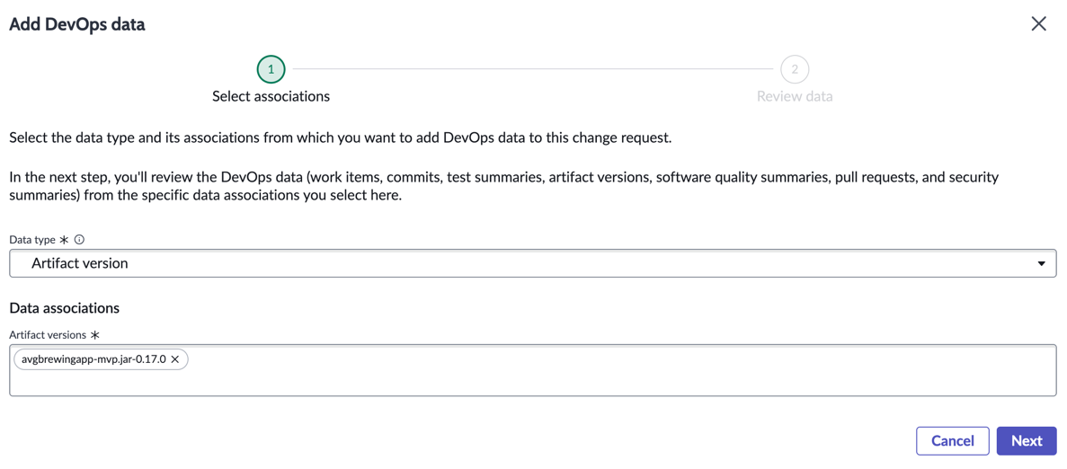 Étape Sélectionner le type de données DevOps et ses associations