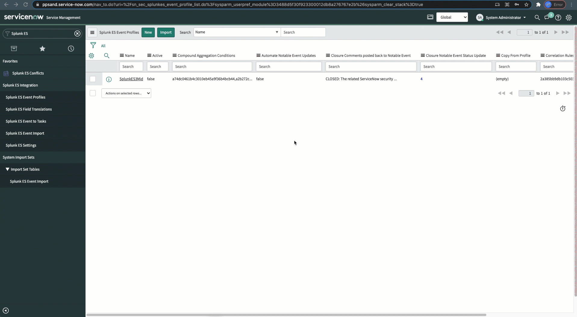 Importação de um perfil Splunk.
