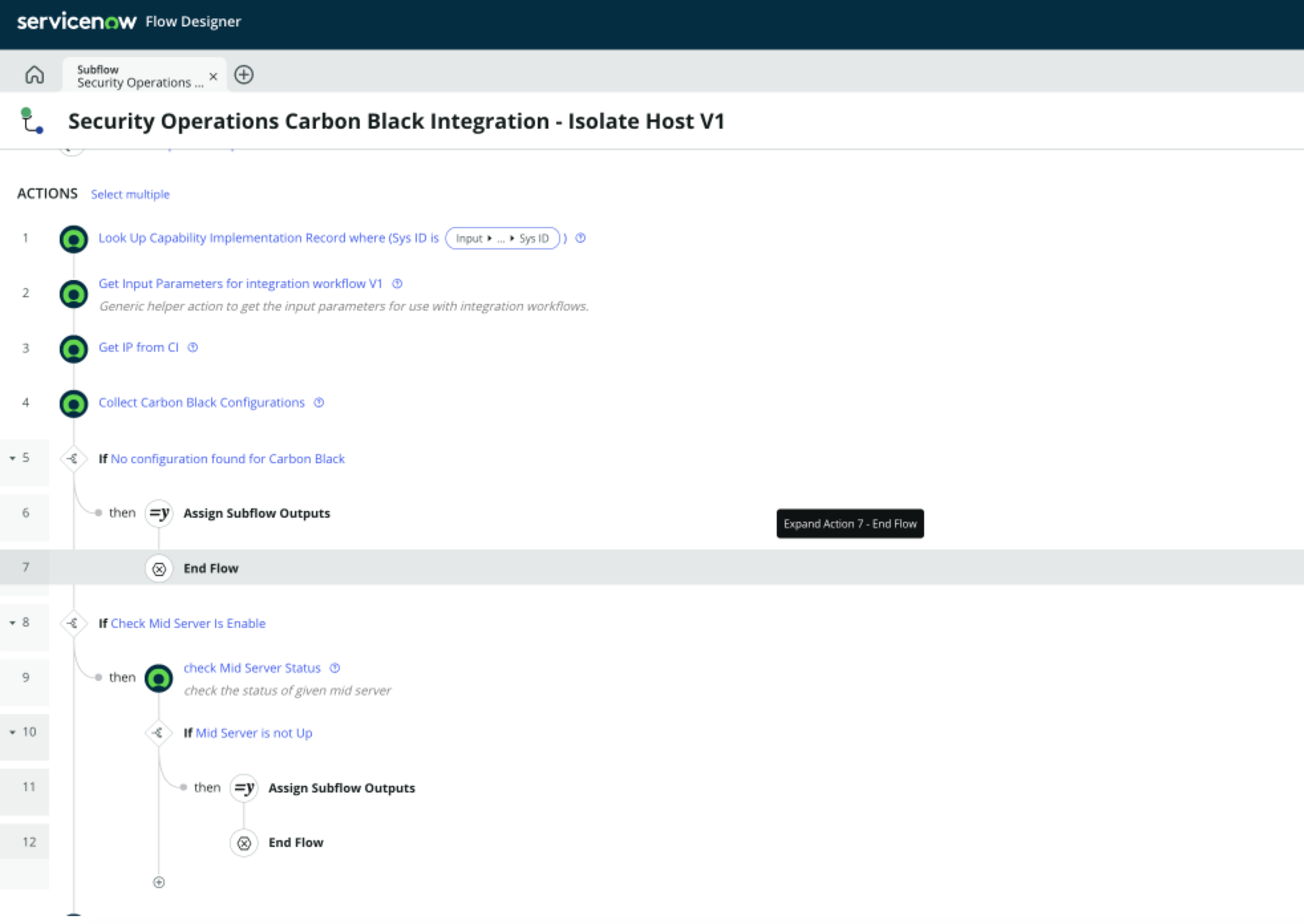 Flow designer para Security Operations Carbon Black Integration - isolar host