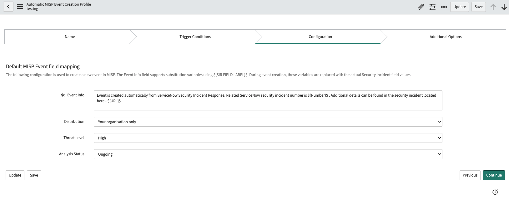 Configure o formulário para criar um novo evento no MISP.