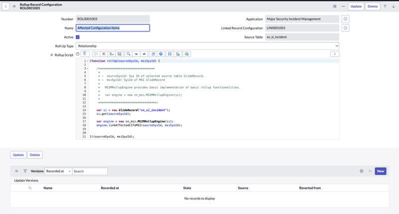 Página de configuração de registro de acúmulo