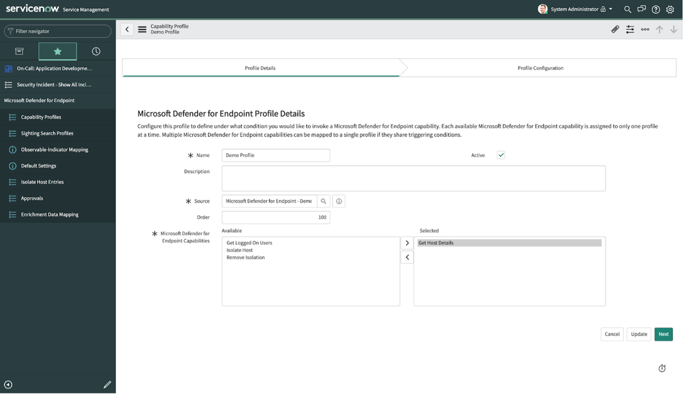 Crie um novo perfil de capacidade para a integração do Microsoft Defender para Endpoint