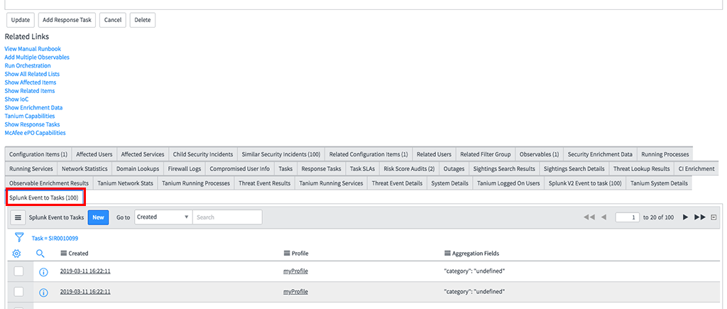 Evento do Splunk para lista relacionada Tarefas realçada.
