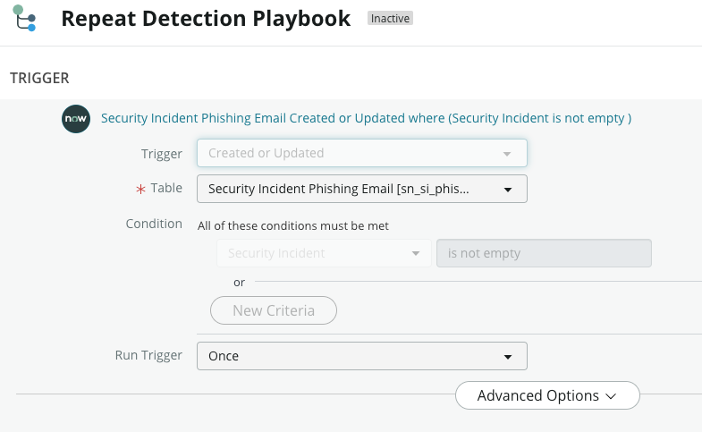 Condição do gatilho para playbook de detecção de repetição.