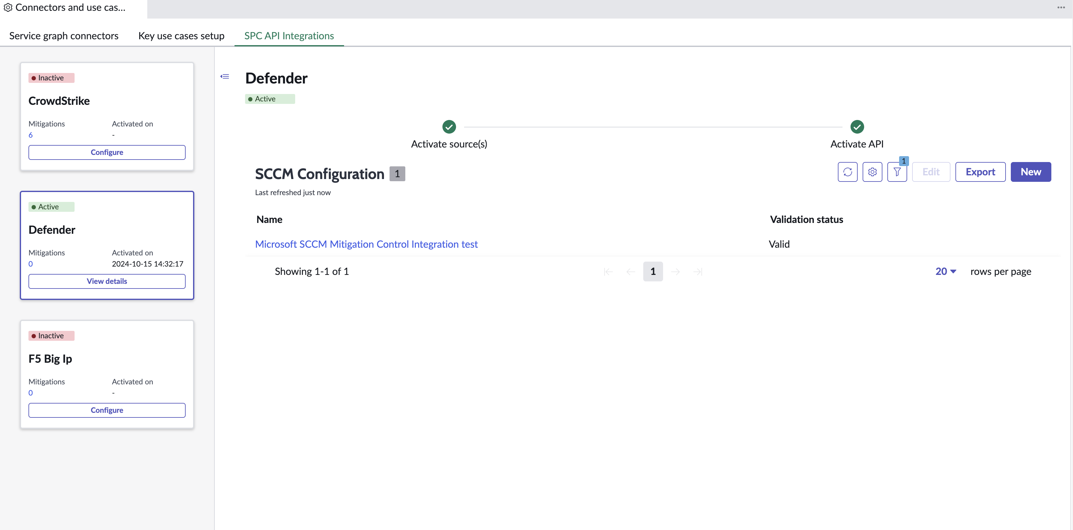 Página Integrações de API do SPC após a configuração bem-sucedida do Microsoft SCCM