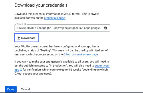 OAuth 認証情報ファイルのダウンロード。