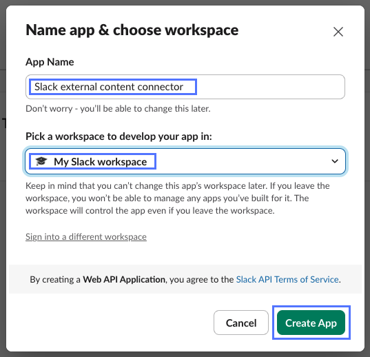 アプリケーション名とワークスペースが強調表示された [アプリの名前を指定してワークスペースを選択] ダイアログボックス。