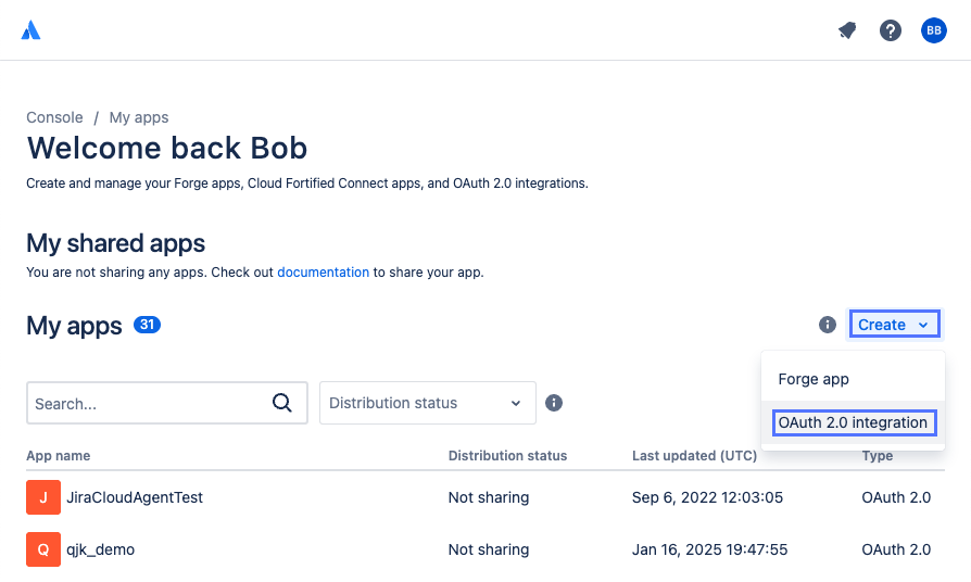 Atlassian の [作成] ボタンと OAuth 2.0 統合メニューアイテム開発者コンソールの [自分のアプリ] ページ。