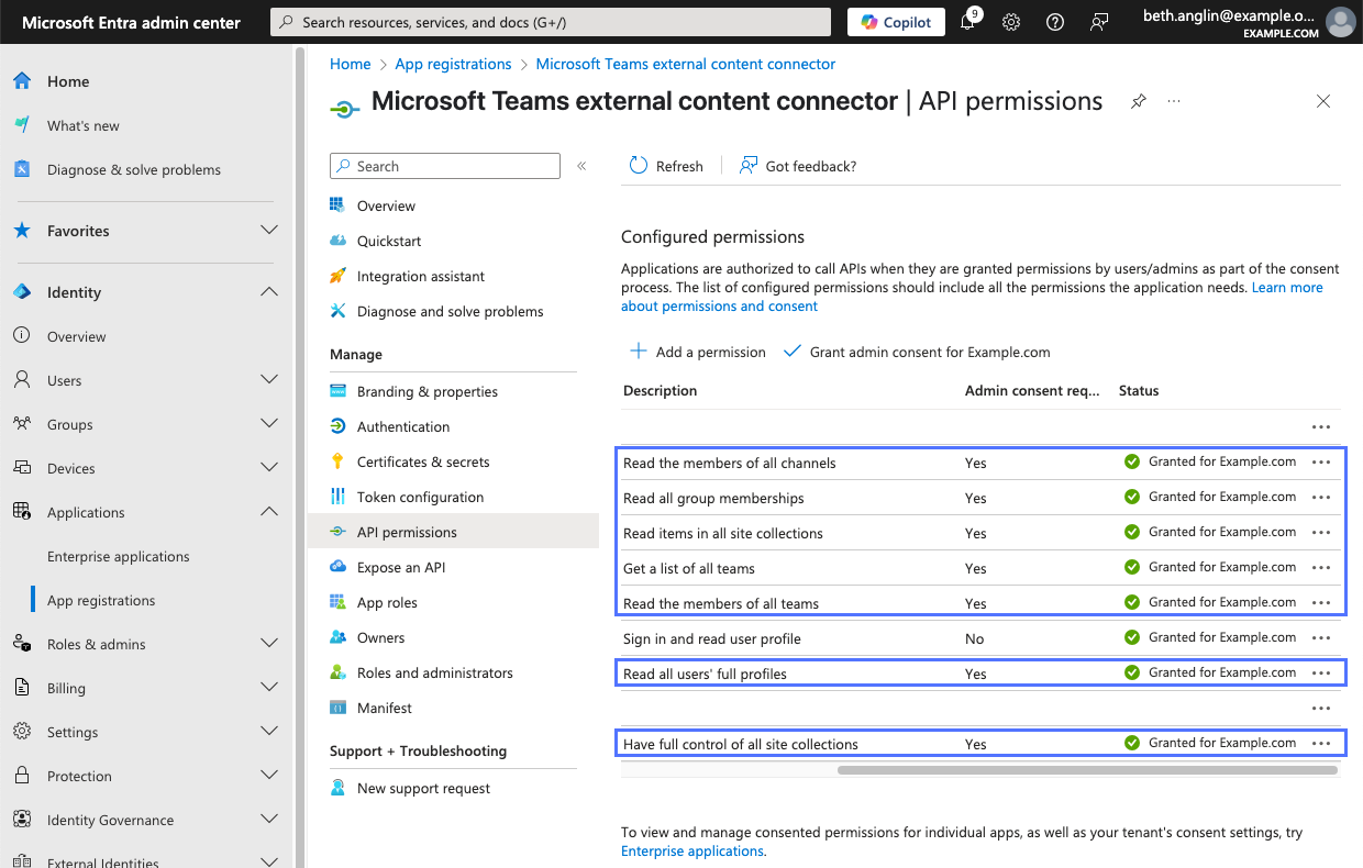 アドミンの同意が付与された追加の権限を示すMicrosoft Entra 管理センターのアプリケーションの API 権限リスト。