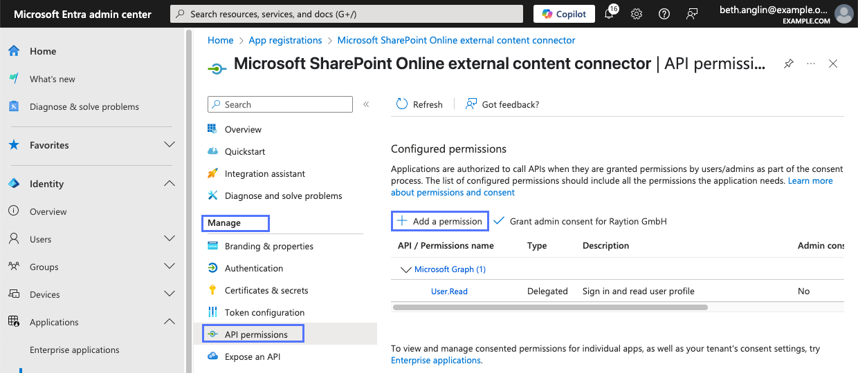 [権限を追加] リンクとMicrosoft Entra 管理センターにあるアプリケーションの API 権限リスト。
